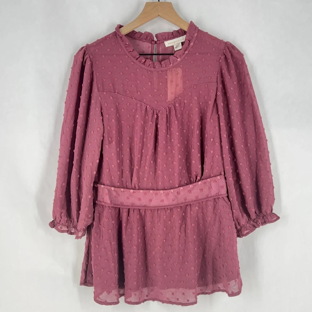 Monteau Purple Sheer Swiss Dot Ruffle Neck 3/4 Sleeve Peplum Blouse NWT XL